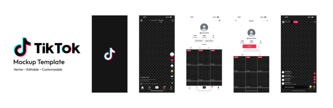 TikTok Mockup Social Media Template: Search, Home Button, Add New Video Button Isolated, New Update TikTok Mockup, Video App Mockup with Smart Mobile Phone. Vector Illustration