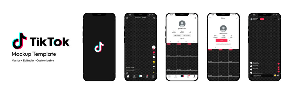 TikTok mockup social media template, search, home button, add new video button isolated, new update TikTok mockup, video, app mockup with a smart mobile phone. Vector