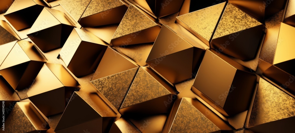 Leinwandbilder Abstract wide gold metallic texture with geometric triangular 3d triangles pattern wall background banner illustration, textured backdrop for design web, wallpaper (Generative Ai)