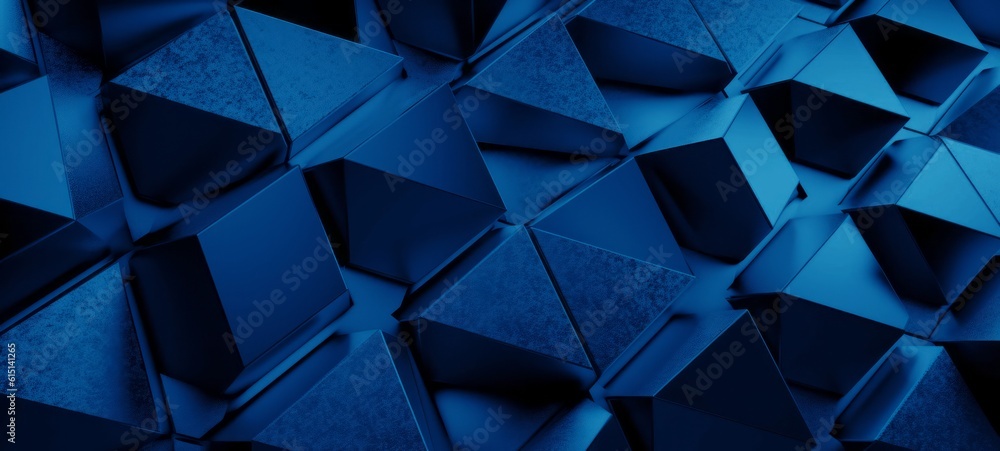 Leinwandbilder Abstract dark wide blue texture with geometric triangular 3d triangles pattern wall background banner illustration, textured backdrop for design web, wallpaper (Generative Ai)