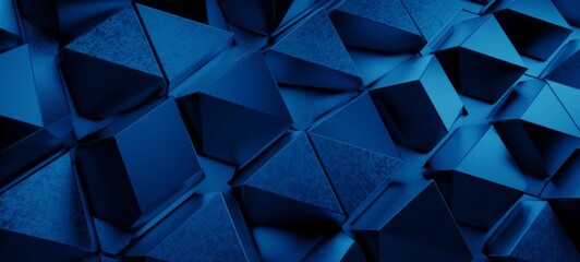 Abstract dark wide blue texture with geometric triangular 3d triangles pattern wall background banner illustration, textured backdrop for design web, wallpaper (Generative Ai)
