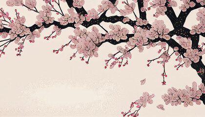 Beautiful spring cherry blossoms in a Japanese lino cut style