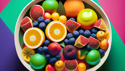 Fototapeta na wymiar The enchanting combination of a bowl teeming with luscious fruits and a vibrant geometric art