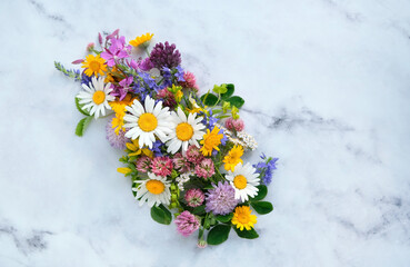 Floral summer background. colorful meadow wild flowers and leaves on abstract marble backdrop....