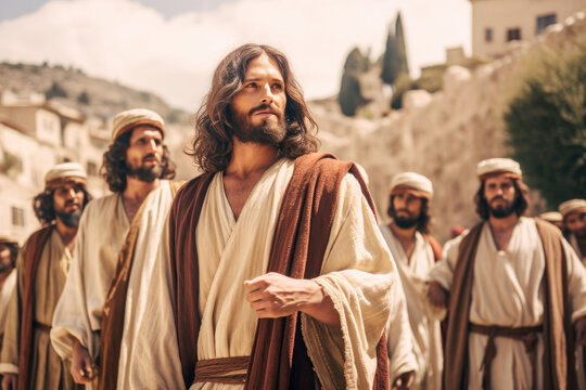 Jesus teaching and leading his apostles in a city Generative AI Illustration