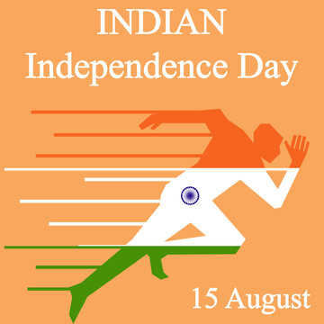 Independence Day of India Banner. Creative silhouette of a Person Running in colors of Indian Flag. Geometrical Hand drawn Runner. Sports Vector Art.