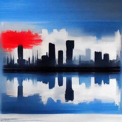  Abstract monochrome city skyline, silhouette, red, blue, white background, reflection- oil painting