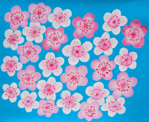 White and pink spring flowers on trees (cherry, almond, etc.) on blue background, painting.