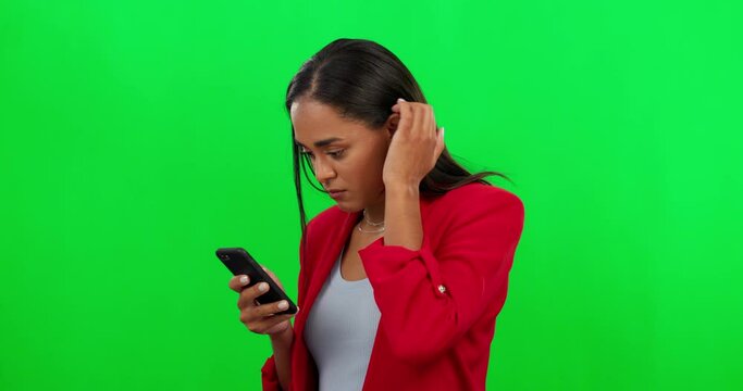 Stress, typing and woman with phone on green screen in studio with problem, spam and error mockup. Advertising, social media and frustrated female person on chromakey background with network issue