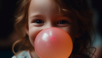 Cute preschool girl blowing bubbles, enjoying carefree childhood outdoors generated by AI