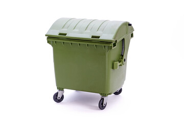Green garbage container on white background