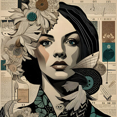 Collage Art concept Intricate Detailed Portrait of a woman made of Newspaper scraps