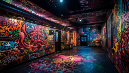 Vibrant colors illuminate modern building feature in chaotic street art mural generated by AI
