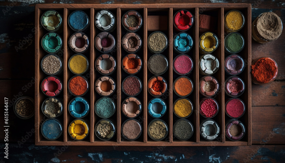 Poster a vibrant collection of spices in a metal container box generated by ai