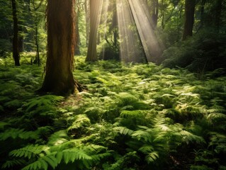 Fototapeta na wymiar Green Forest Sunlight - AI Generated
