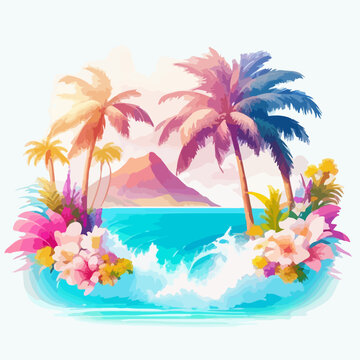 Illustration palm tree summer vibe watercolor painting style, vector