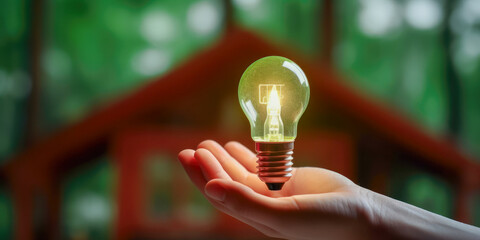 Individual Holding Light Bulb Against Home Backdrop, Symbolizing Home Energy Efficiency