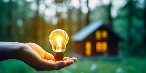 Individual Holding Light Bulb Against Home Backdrop, Symbolizing Home Energy Efficiency