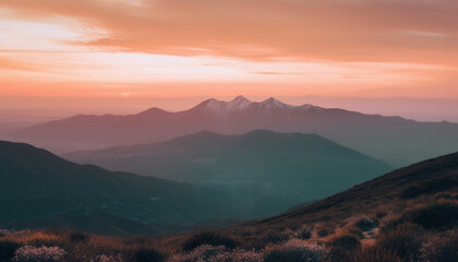 Obraz premium High up on mountain peak, tranquil scene at dusk generated by AI
