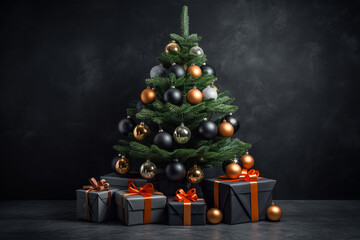 Beautiful Christmas banner with Christmas decorations, gift boxes. ai generative