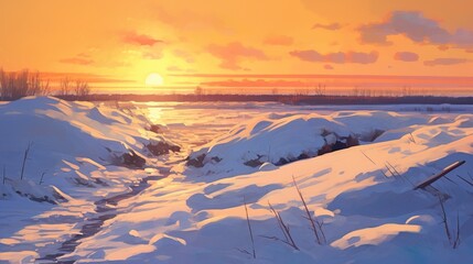 Emotive Winter Serenity: Romantic Sunset Over Frozen Lake made with Generative AI