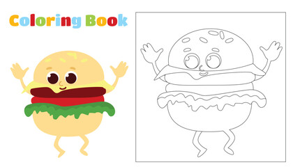 Coloring fun hamburger. Food has a face, arms and legs and smiles happily. Worksheet for children in kindergartens, schools, cafes and restaurants.