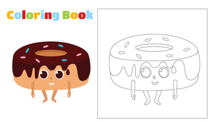 Coloring fun donut in chocolate glaze. The food has a face, arms and legs and smiles happily. Worksheet for children in kindergartens, schools, cafes and restaurants.
