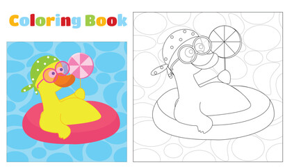 A funny duck swims in an inflatable pink swimming pool coloring page. The duck is wearing pink sunglasses, a polka dot bandana and holding a lollipop on a stick. Coloring for children.