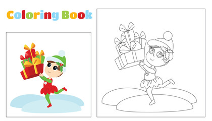 Coloring cute elf carries many gifts. The girl is dressed in a traditional costume and a cap. The child is happy. Coloring page for children of preschool and elementary school age.
