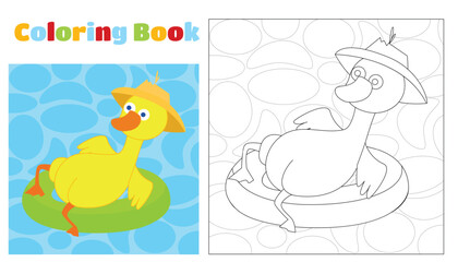 Coloring page funny duck swims in an inflatable pool circle. The duck is wearing a hat. Coloring for children.