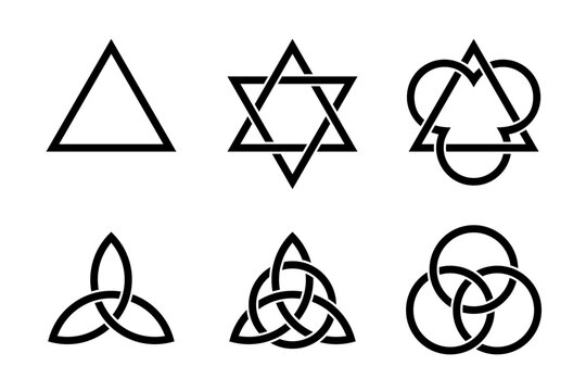 Trinity symbols. Ancient Christian and symbols, formed by interlaced triangles, Celtic triquetras, and circles, representing the union of the persons Father, the Son Jesus Christ and the Holy Spirit.