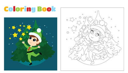 Christmas coloring for children. Little cute elf runs and scatters the stars. The child is happy and smiling. The boy is wearing green elf clothes.