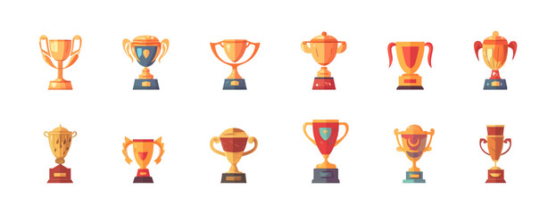 Gold trophy cup set flat cartoon isolated on white background. Vector illustration