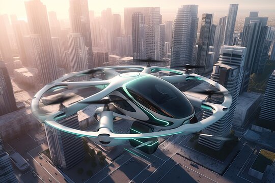 Autonomous aerial driverless future taxi fly in modern city. Generative AI.