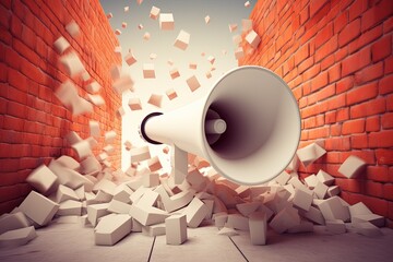 Megaphone breaking through walls, barriers, or obstacles, concept of overcoming challenges and capturing attention of potential customers, Generative AI