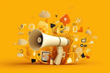Megaphone surrounded by icons and symbols. Idea of ​​leveraging social media platforms, yellow background, Generative AI - obrazy, fototapety, plakaty