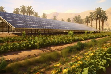 Solar power plant in a desert region with undergrowth, palm trees and mountains, photovoltaic panels in the desert, Generative AI