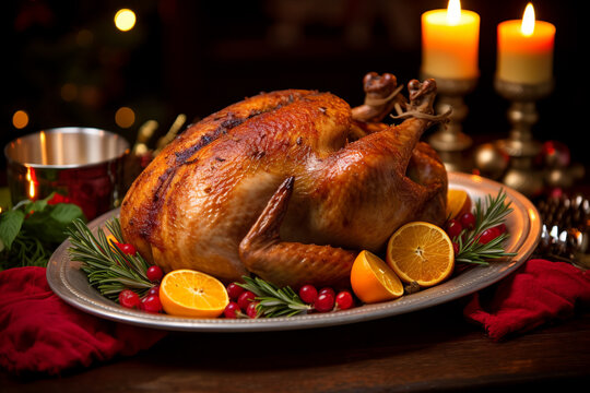 Roasted Turkey With Vegetables And Herbs Is A Traditional Dish For Thanksgiving Or Christmas Day. Ai Generative