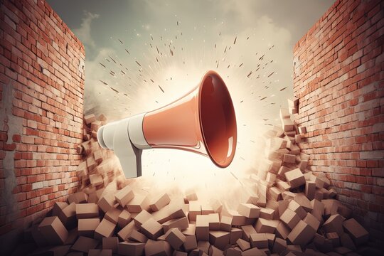 Megaphone breaking through walls, barriers, or obstacles, concept of overcoming challenges and capturing attention of potential customers, Generative AI
