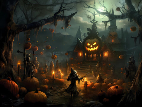 Spooky Halloween Scene with Pumpkins and Haunted House, Moonlit Sky. Greeting Card or Party Invite Background.