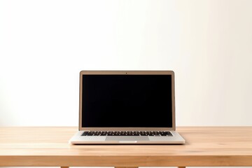 Laptop on top of wooden table on white background, Generative AI