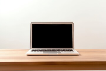 Laptop on top of wooden table on white background, Generative AI