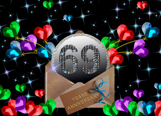 3d illustration, 69 anniversary. golden numbers on a festive background. poster or card for anniversary celebration, party