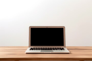Fototapeta premium Laptop on top of wooden table on white background, Generative AI