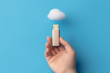 Hand connecting usb flash drive to cloud, blue background, hand connecting pen drive in the cloud, Generative AI