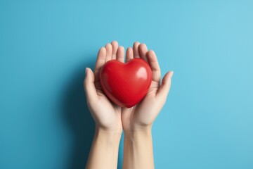 Hands holding heart isolated on blue background, Generative AI

