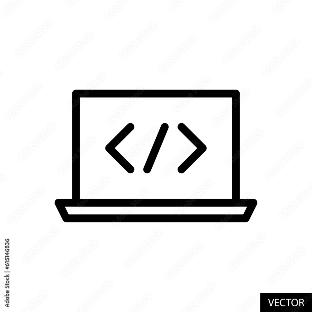 Fototapete laptop and coding symbol, code, web development, computer programming concept icon in line style des