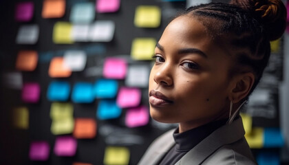 Confident young African American businesswoman standing in modern office, smiling expertly generated by AI