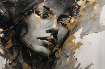 Wallpaper Abstract drawing of a portrait of a girl's face in black ink with gray and gold in a vintage and harmonious color style - Generative AI - obrazy, fototapety, plakaty