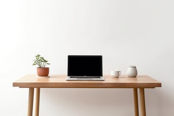 Fototapeta premium Laptop on top of wooden table against white wall, Generative AI